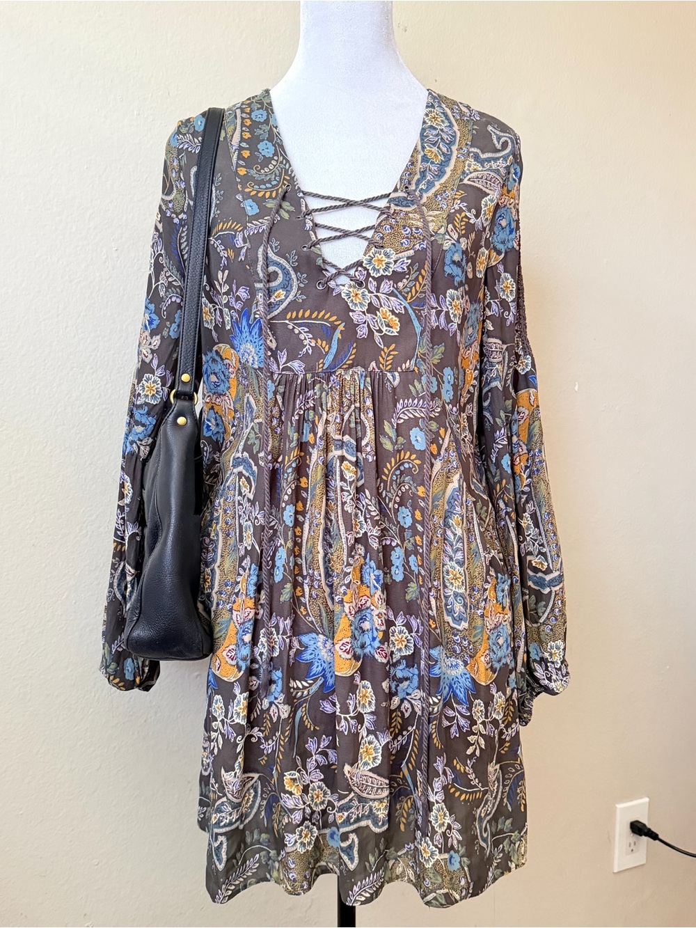 Free People Rain or Shine gray paisley print lace-up tunic dress